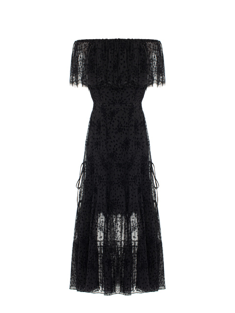 Черное платье-миди из шифона с цветочным принтом и завязками, 1