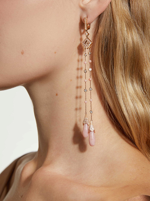 Длинные серьги из розового золота с опалом, кораллом и топазами, 2