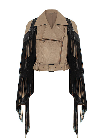 Коричневая укороченная косуха из кожи с бахромой и вышивкой, 1