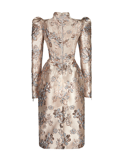Платье-миди из бежевой парчи с золотыми цветами, 2