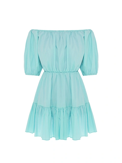 Бирюзовое платье-мини с открытыми плечами, 1