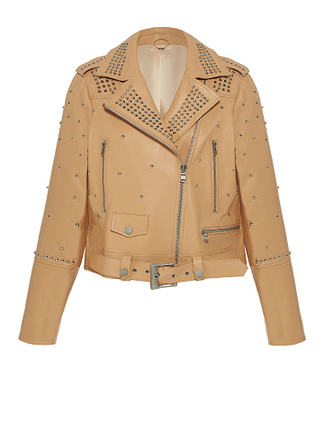 Бежевая кожаная косуха с шипами, 1