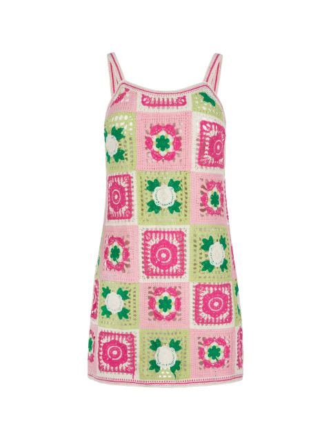 Розово-зеленое вязаное платье-мини в технике кроше, 1