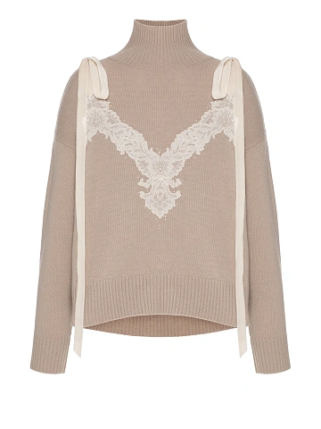 Бежевый свитер из кашемира с кружевом и лентами, 1