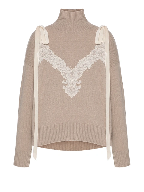 Бежевый свитер из кашемира с кружевом и лентами, 1
