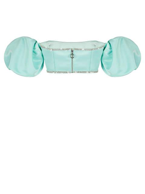 Бирюзовый атласный топ с рукавами-фонариками и стразами, 3