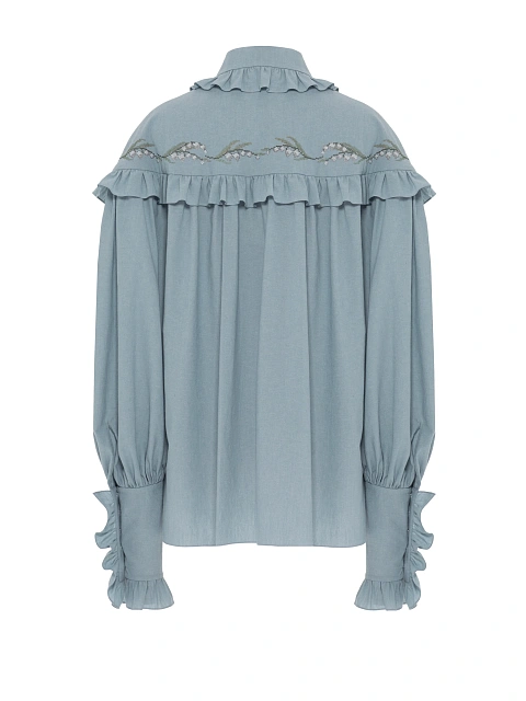 Голубая хлопковая блузка с рюшами и вышивкой, 2