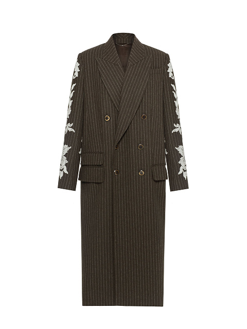 Зеленое пальто из шерсти в полоску с кружевом, 1