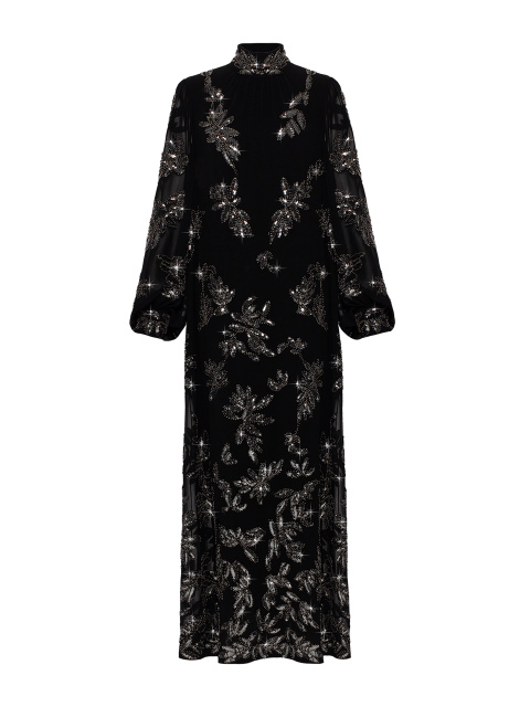 Черный комплект из платья-макси и платка с вышивкой из бисера и пайеток, 1