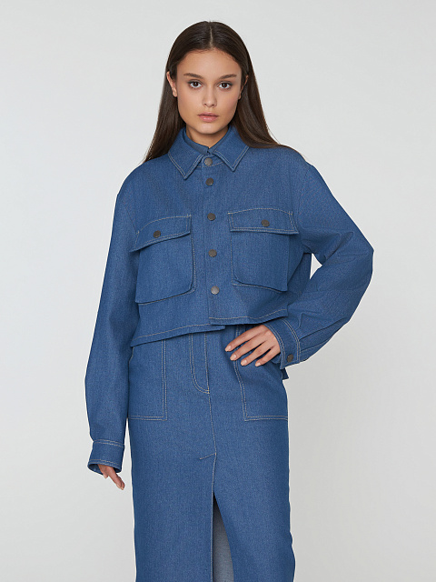 Темно-синий костюм с юбкой-миди из денима, 8