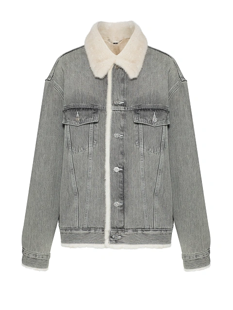 Серая джинсовая куртка с подкладом из бежевого меха норки, 1