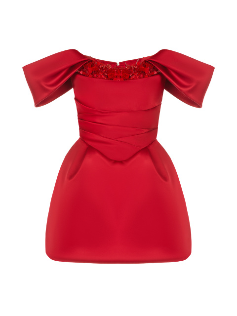 Красное шелковое платье-мини с пайетками и драпировкой, 1