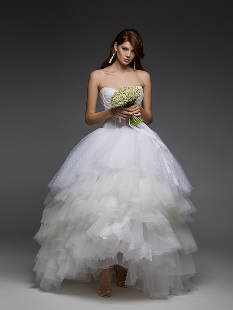 Белое корсетное платье из фатина и сетки в горошек, 4