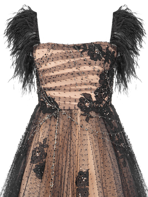 Бежево-черное вечернее платье с кружевом и цепочками из серебра, 3 Бежево-черное вечернее платье с кружевом и цепочками из серебра, 3