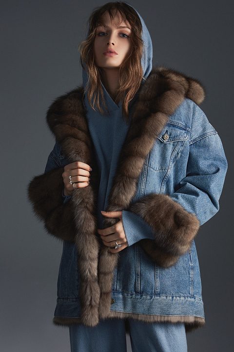 Куртка джинсовая синяя на коричневом тонированном соболе, 6
