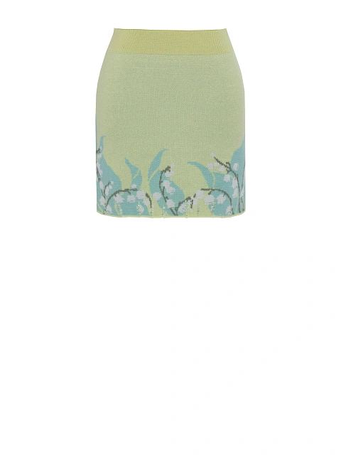 Салатовый вязаный комплект из свитера и юбки-мини с ландышами, 3 Салатовый вязаный комплект из свитера и юбки-мини с ландышами, 3