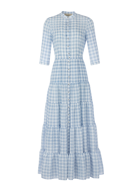 Голубое платье-макси из тонкого шифона в клетку, 1
