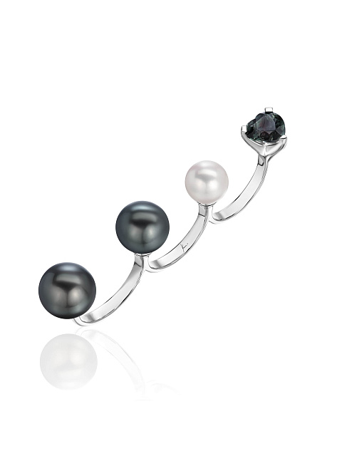 Кольцо из белого золота с жемчугом и турмалином в огранке «сердце», 1 Кольцо из белого золота с жемчугом и турмалином в огранке «сердце», 1