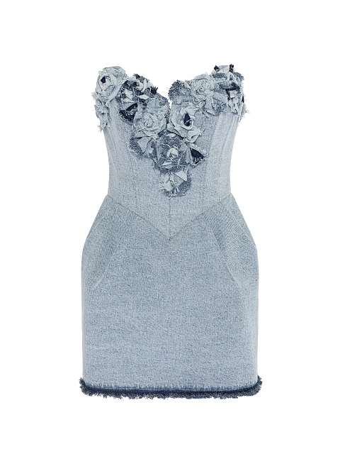Голубое платье-мини из денима с розами на корсете, 1