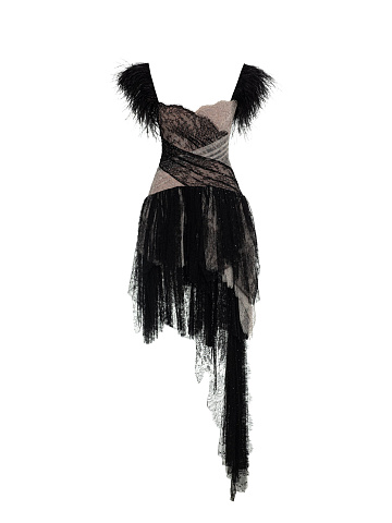 Платье-мини из черно-бежевого кружева, 1