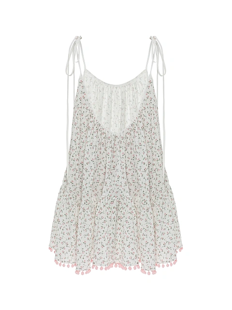 Белое платье-мини из муслина с розовым принтом и открытой спиной, 3