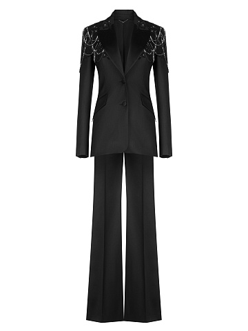 Черный атласный костюм-двойка с кружевом и стразами, 1