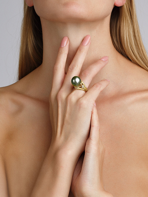 Кольцо из желтого золота с жемчугом и бриллиантами, 4