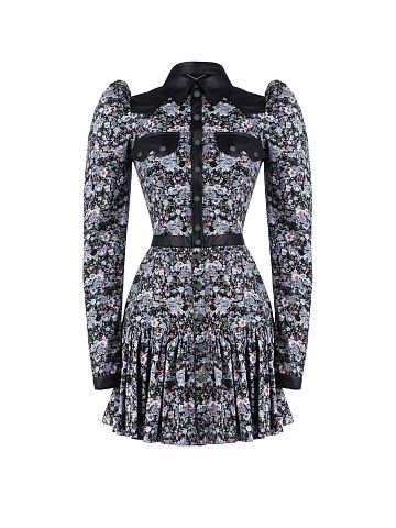 Черное хлопковое платье-мини с серым цветочным принтом, 1