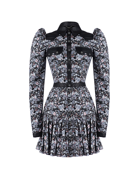 Черное хлопковое платье-мини с серым цветочным принтом, 1