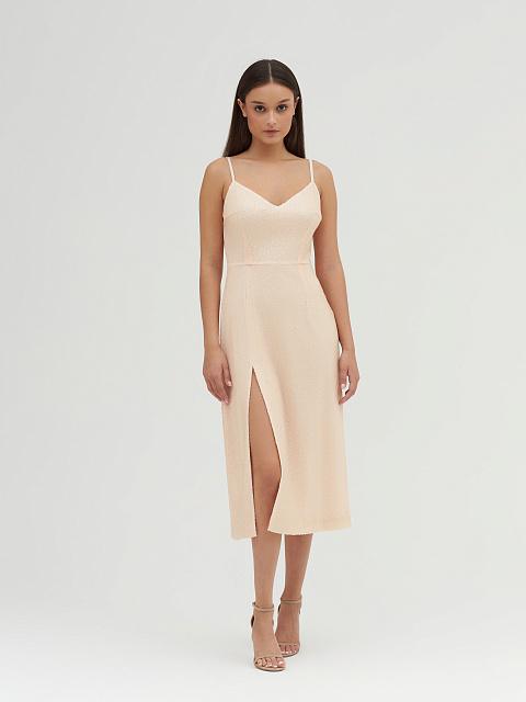 Бежевое платье-миди в пайетках, 5