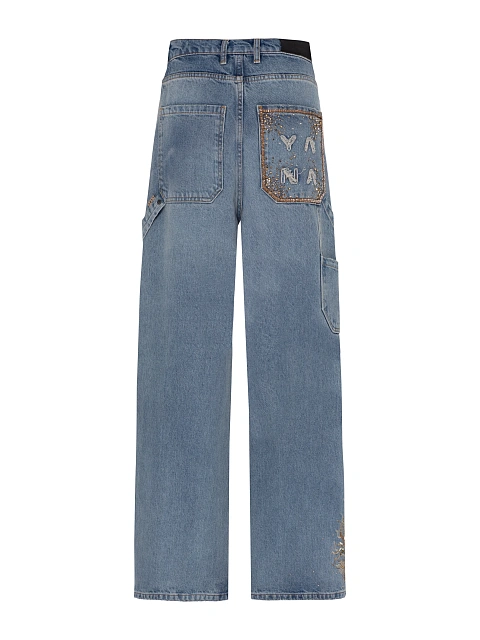 Широкие голубые джинсы из хлопка с вышивкой, 2 Широкие голубые джинсы из хлопка с вышивкой, 2