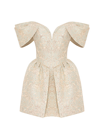 Бежевое платье-мини из парчи с цветочным узором, 1