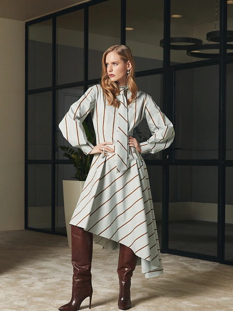 Мятное асимметричное платье-миди из хлопка в полоску, 4