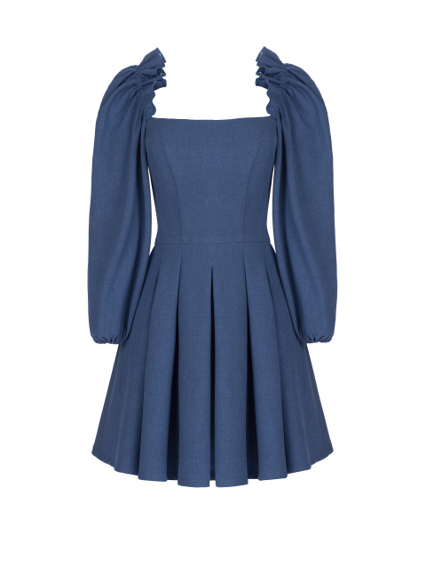 Синее хлопковое платье с вырезом каре, 1