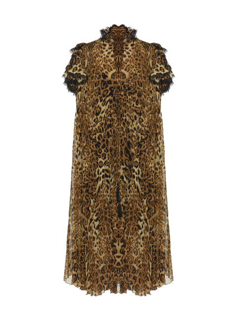 Плиссированное платье-мини с леопардовым принтом и кружевом, 1