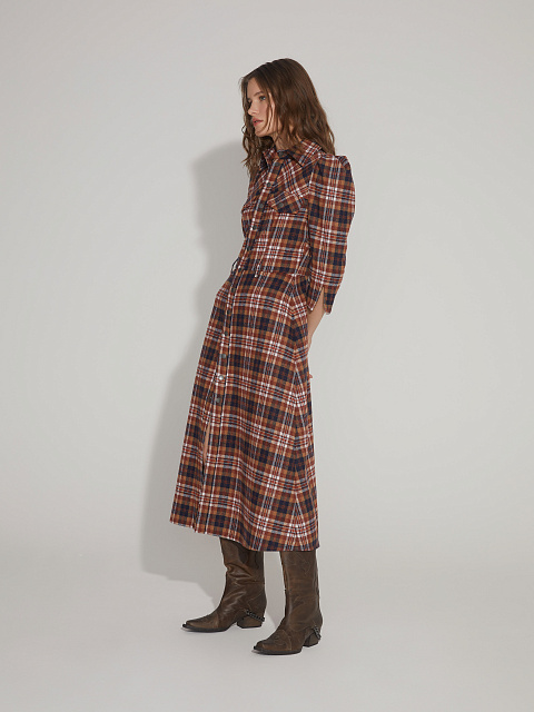 Коричнево-синее шерстяное платье-миди в клетку, 5