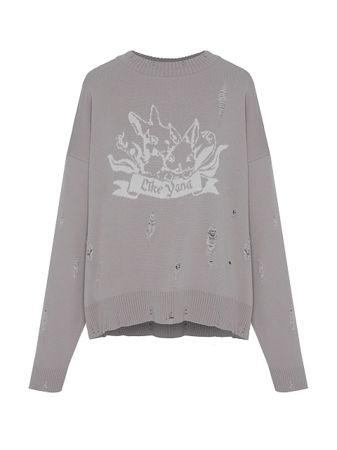 Серый свитер из хлопка с принтом и дырками, 1