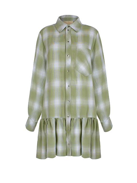 Зеленое хлопковое платье-рубашка в клетку, 1