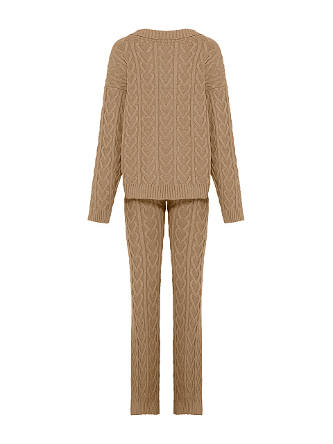 Бежевый вязаный комплект из пуловера и брюк, 2