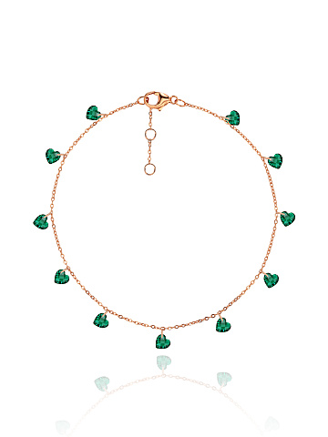 Браслет на лодыжку из серебра с позолотой с изумрудными фианитами в огранке "Сердце", 1 Браслет на лодыжку из серебра с позолотой с изумрудными фианитами в огранке "Сердце", 1