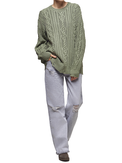 Зеленый унисекс хлопковый свитер с косами, 6