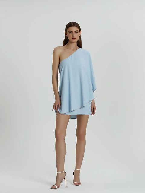 Голубое асимметричное платье-мини со стразами, 5