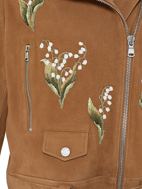 Укороченная коричневая косуха из замши с вышивкой в виде ландышей, 3