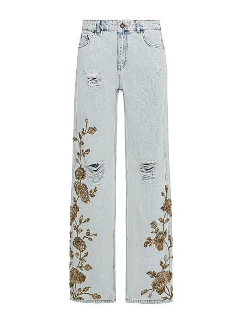 Голубые джинсы с вышивкой в виде цветов, 1 Голубые джинсы с вышивкой в виде цветов, 1