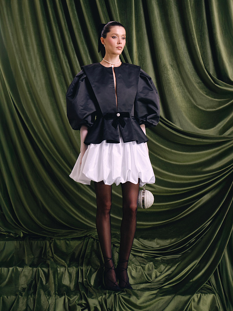 Черный жакет с укороченными рукавами и баской, 5