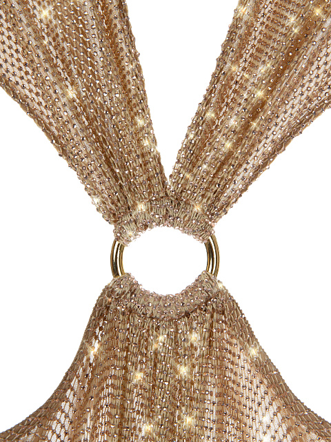 Бежевое платье-макси из сетки со стразами и фигурным вырезом, 3