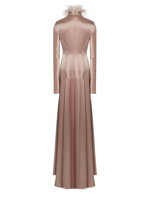 Пудровое платье-макси из шелка с перьями и стразами, 3