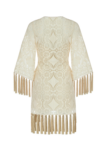 Бежевое кружевное платье-мини с бахромой, 2
