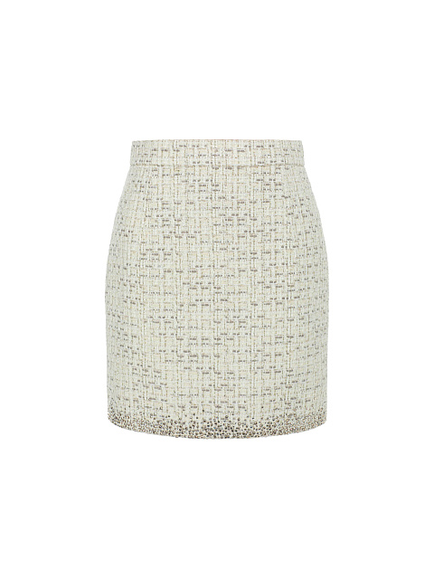 Молочно-серый твидовый костюм-двойка из жакета и юбки-мини, 3