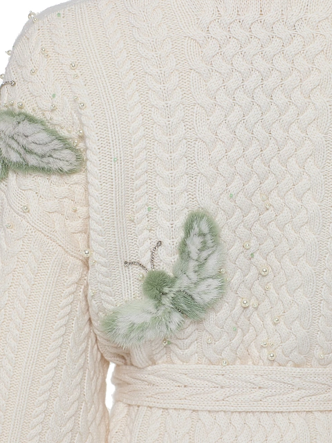 Белое вязаное пальто из кашемира с декором из меха норки, 5